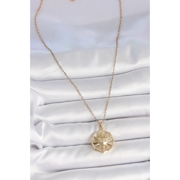 316L Çelik Gold Renk Zincir İşlemeli Güneş Model Kadın Kolye