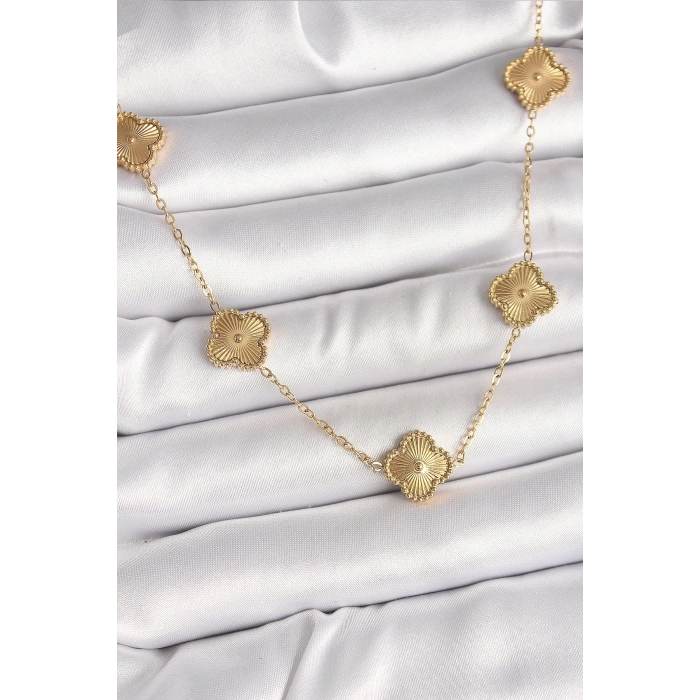 316L Çelik Gold Renk Zincir İşlemeli Yonca Model Kadın Kolye