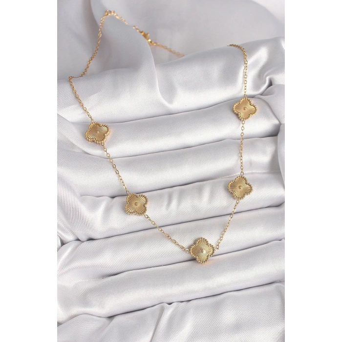 316L Çelik Gold Renk Zincir İşlemeli Yonca Model Kadın Kolye