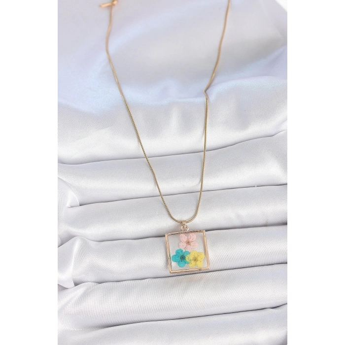 316L Çelik Gold Renk Zincir Kare Epoksi Renkli Çiçek Model Kadın Kolye