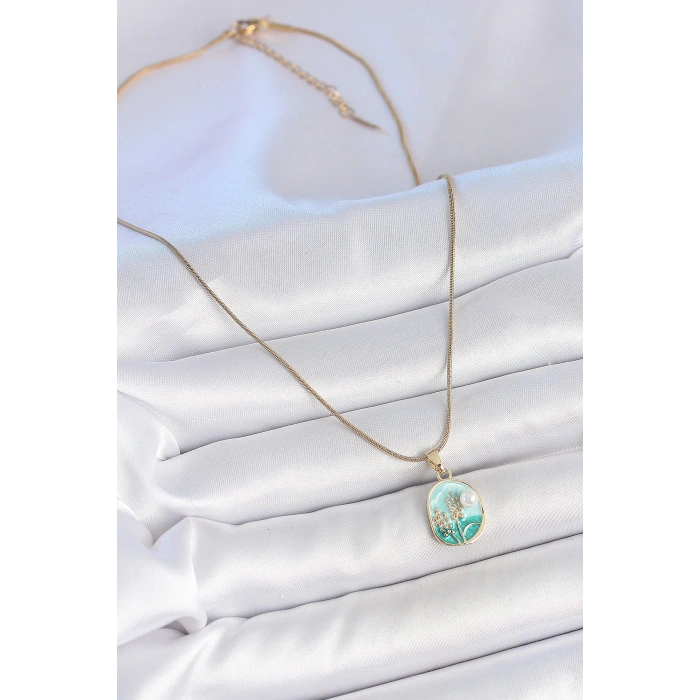 316L Çelik Gold Renk Zincir Mavi Mineli İncili Çiçek İşlemeli Portre Model Kadın Kolye