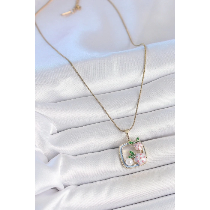 316L Çelik Gold Renk Zincir Mavi Mineli Kare Model Çiçek İşlemeli İnci Detay Kadın Kolye