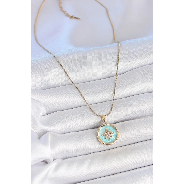 316L Çelik Gold Renk Zincir Mavi Mineli Zirkon Taşlı Kuzey Yıldız İşlemli Madalyon Model Kadın Kolye