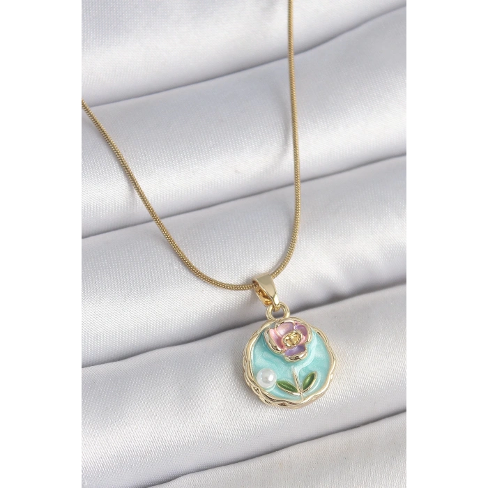 316L Çelik Gold Renk Zincir Mavi Minimal Çiçek İşlemeli İnci Detay Portre Model Kadın Kolye