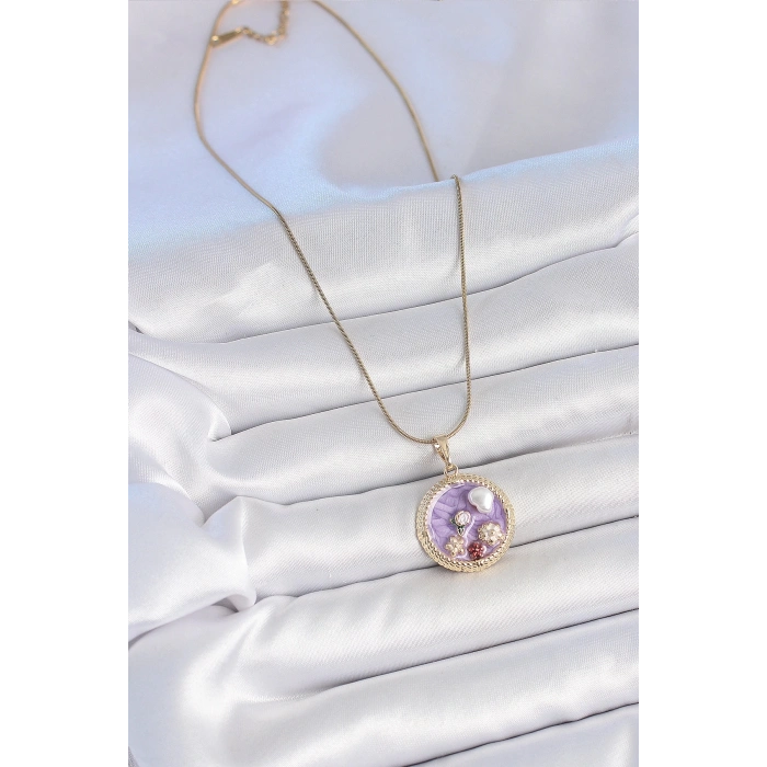 316L Çelik Gold Renk Zincir Mor Mineli İncili Çiçek İşlemeli Madalyon Model Kadın Kolye