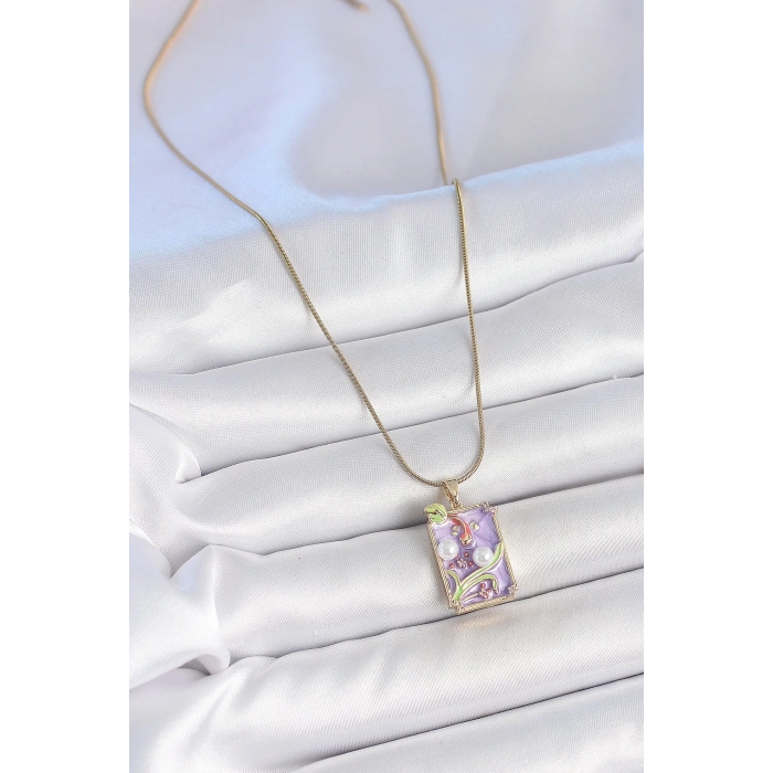 316L Çelik Gold Renk Zincir Mor Mineli İncili Çiçek İşlemeli Portre Model Kadın Kolye