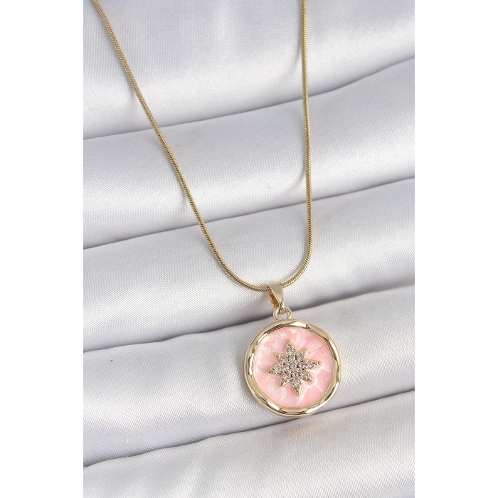 316L Çelik Gold Renk Zincir Pembe Mineli Zirkon Taşlı Kuzey Yıldız İşlemeli Madalyon Model Kadın Kolye