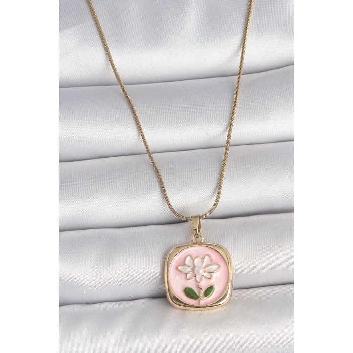 316L Çelik Gold Renk Zincir Pembe Papatya İşlemeli İnci Detay Kadın Kolye