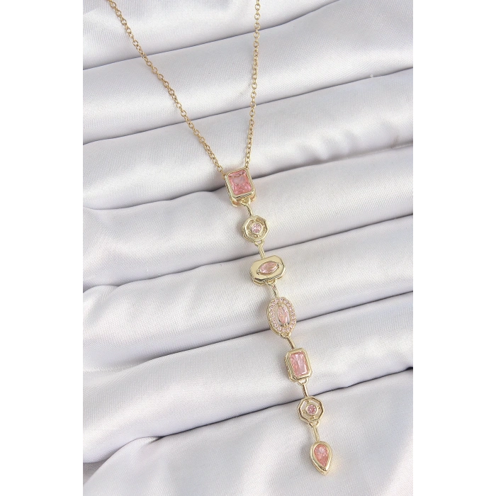 316L Çelik Gold Renk Zincir Pembe Zirkon Taşlı Y Model Dekolte Kadın Kolye
