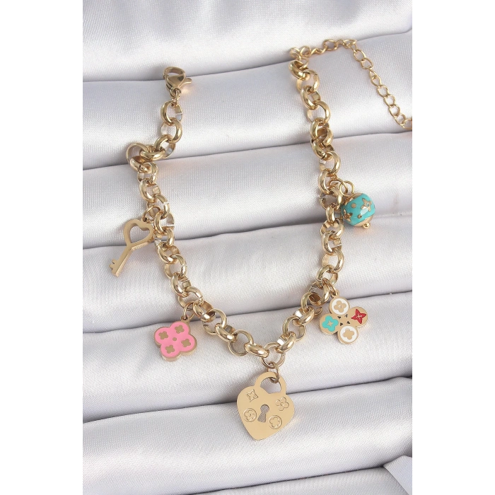 316L Çelik Gold Renk Zincir Sallantı Kilit Kalp Figür Anahtar Model Kadın Bileklik