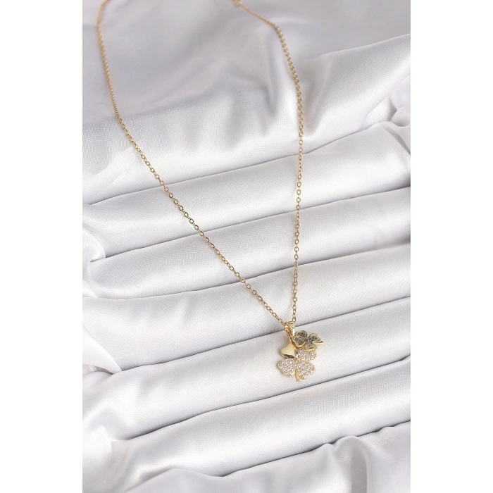 316L Çelik Gold Renk Zincir Sallantı Zirkon Taşlı Yonca Model Kadın Kolye
