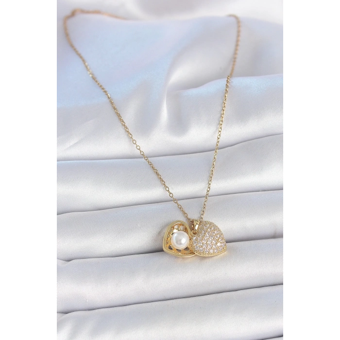 316L Çelik Gold Renk Zincir Zirkon Taşlı Açılır İncili Kalp Model Kadın Kolye