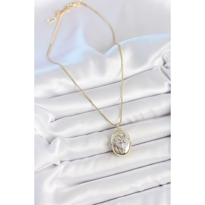 316L Çelik Gold Renk Zincir Zirkon Taşlı Anka Kuşu İşlemeli Açılır Model Kadın Kolye