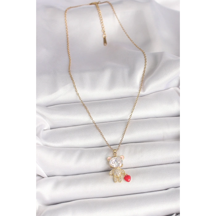 316L Çelik Gold Renk Zincir Zirkon Taşlı Ayıcık Model Kırmızı Kalp Detay Kadın Kolye