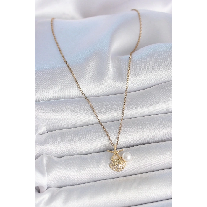 316L Çelik Gold Renk Zincir Zirkon Taşlı Deniz Kabuğu Model İnci Detay Kadın Kolye