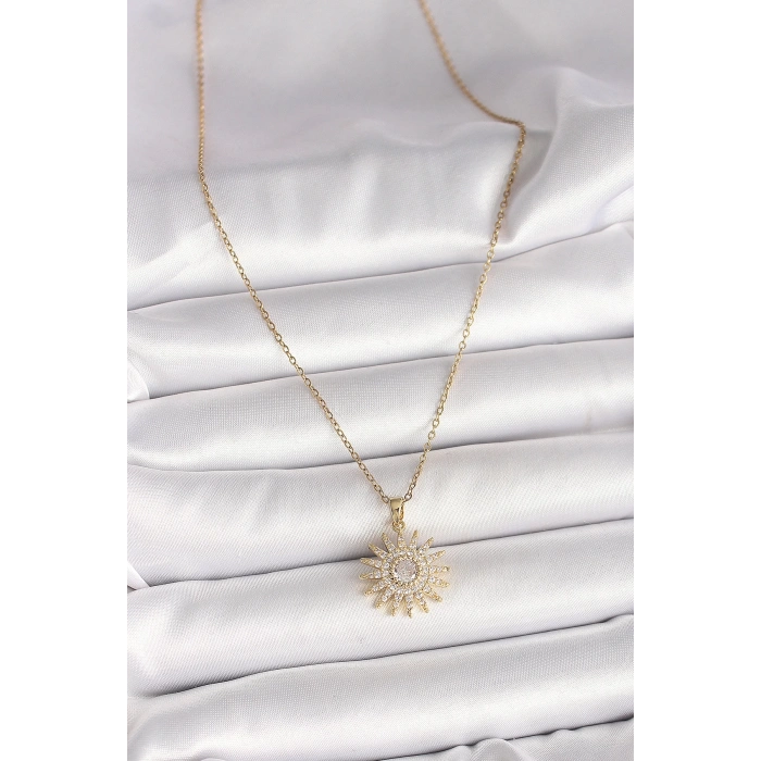 316L Çelik Gold Renk Zincir Zirkon Taşlı Güneş Model Kadın Kolye