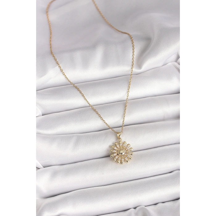316L Çelik Gold Renk Zincir Zirkon Taşlı Güneş Model Kadın Kolye