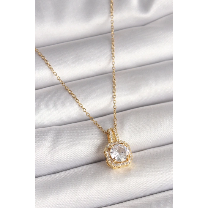 316L Çelik Gold Renk Zincir Zirkon Taşlı Kare Model Kadın Kolye