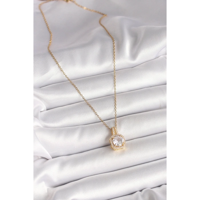 316L Çelik Gold Renk Zincir Zirkon Taşlı Kare Model Kadın Kolye