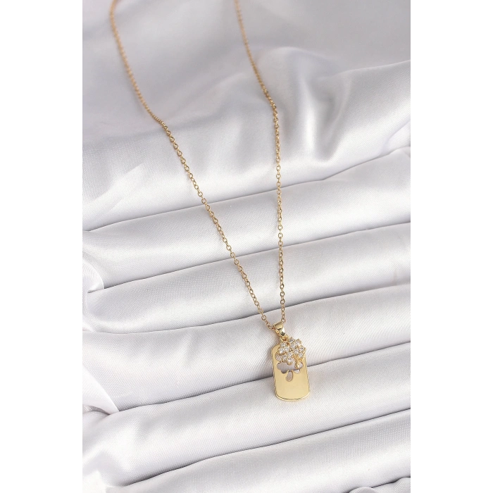 316L Çelik Gold Renk Zincir Zirkon Taşlı Yonca Model Kadın Kolye