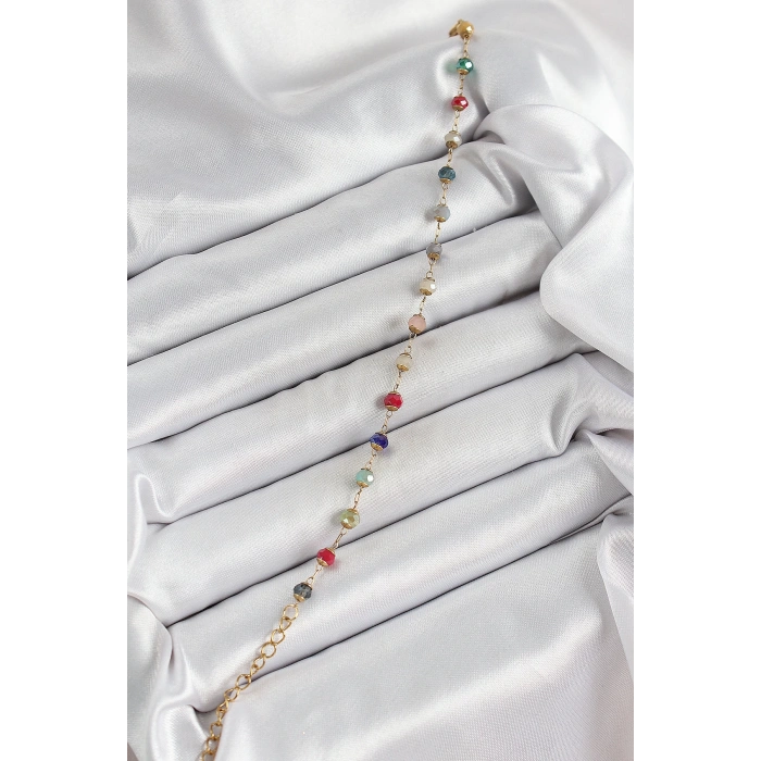 316L Çelik Gold Renk Zincirli Mix Renk Kristal Taşlı Kadın Bileklik