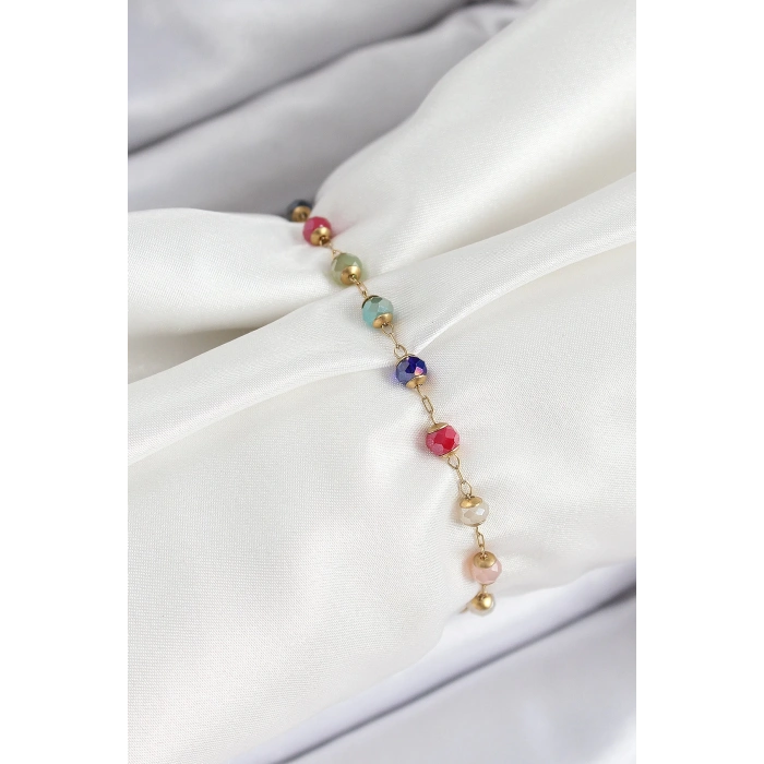 316L Çelik Gold Renk Zincirli Mix Renk Kristal Taşlı Kadın Bileklik