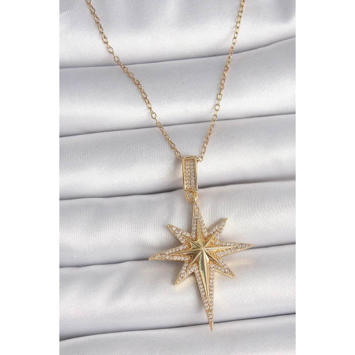 316L Çelik Gold Renk Zirkon Taşlı Kutup Yıldız Model Kadın Kolye