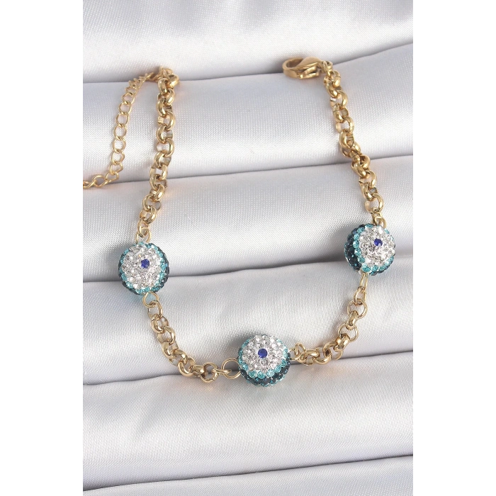 316L Çelik Gold Renk Zirkon Taşlı Nazar Boncuk Model Kadı Bileklik