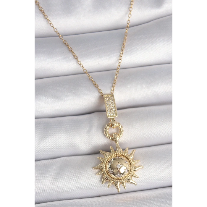 316L Çelik Gold Renk Zirkon Taşlı Sallantı Güneş Model Kadın Kolye