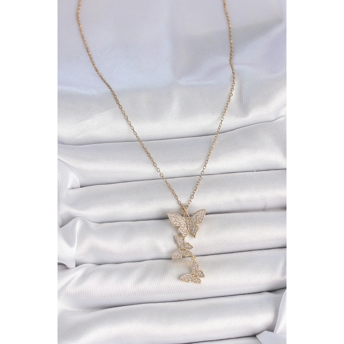 316L Çelik Gold Renk Zirkon Taşlı Sallantı Kelebek Model Kadın Kolye
