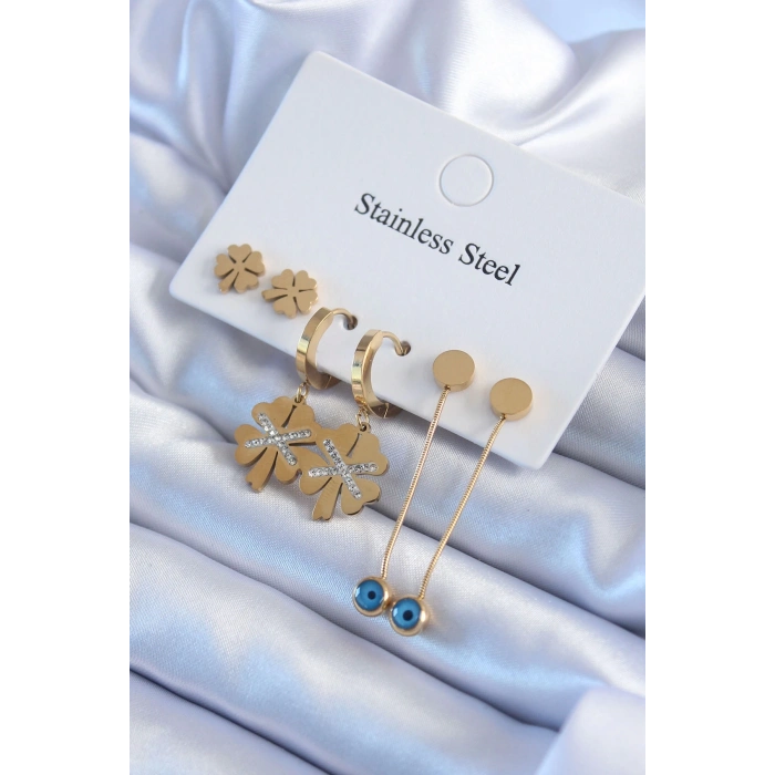 316L Çelik Gold Renk Zirkon Taşlı Yonca Model Kadın Küpe Seti