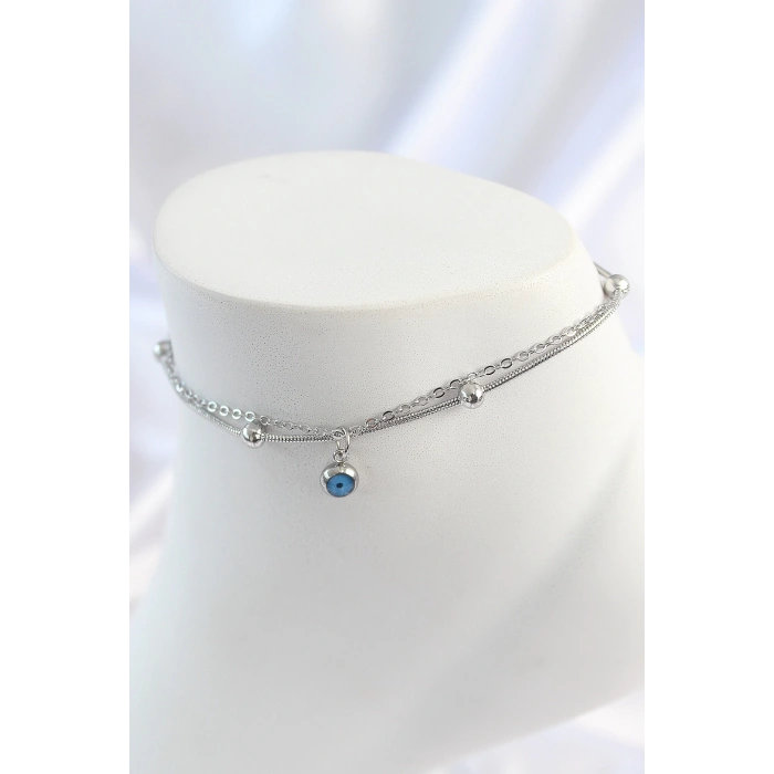 316L Çelik Gümüş Renk 2Li Zincir Model Nazar Boncuk Figür Kadın Halhal