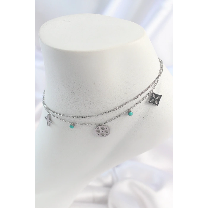 316L Çelik Gümüş Renk 2Li Zincir Rüya Kapanı Figür Mavi Taş Detay Kadın Halhal