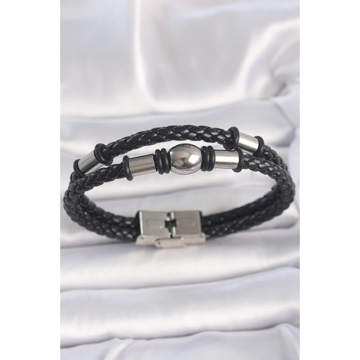 316L Çelik Gümüş Renk Aksesuarlı Çift Sıra Burgu Desenli Deri Kordon Erkek Bileklik