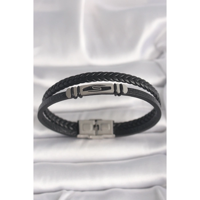316L Çelik Gümüş Renk Aksesuarlı Çift Sıra Siyah Burgu Desenli Deri Kordon Erkek Bileklik