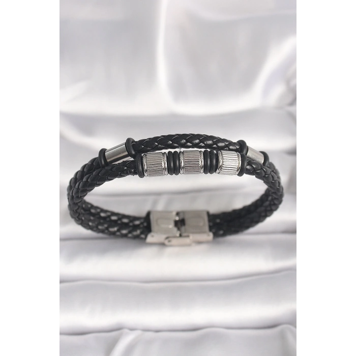 316L Çelik Gümüş Renk Aksesuarlı Siyah Burgu Deri Kordon Model Erkek Bileklik