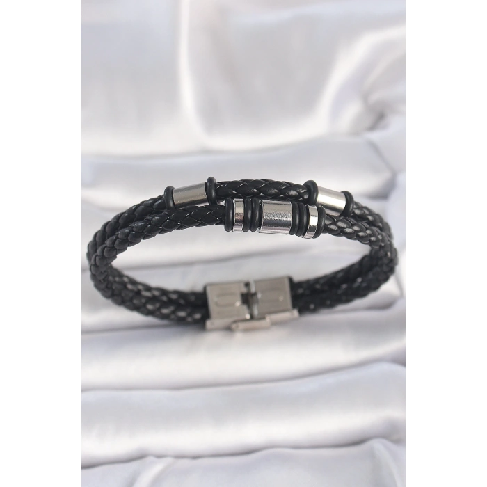 316L Çelik Gümüş Renk Aksesuarlu Çift Sıra Siyah Burgu Desenli Deri Kordon Erkek Bileklik
