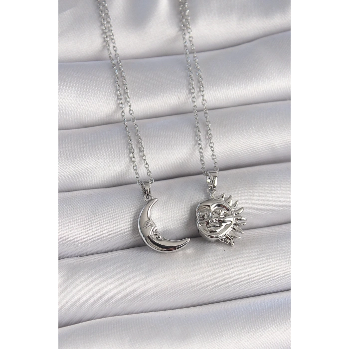 316L Çelik Gümüş Renk Ay Güneş Model Arkadaşlık Kadın Kolye