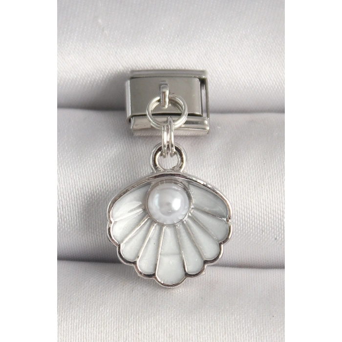 316L Çelik Gümüş Renk Beyaz Deniz Kabuğu Model İnci Detay Nomination Charm