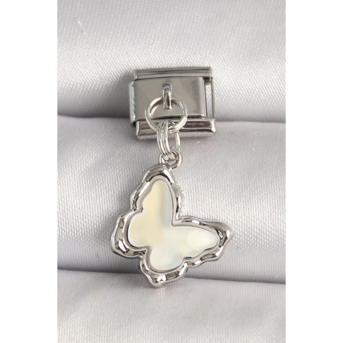 316L Çelik Gümüş Renk Beyaz Kelebek Model Nomination Charm