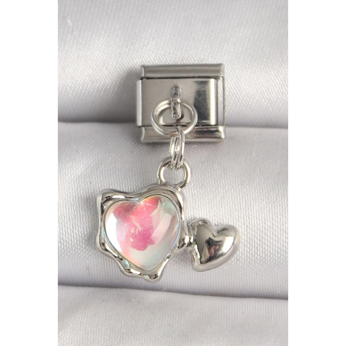 316L Çelik Gümüş Renk Beyaz Mineli Kalp Model Nomination Charm