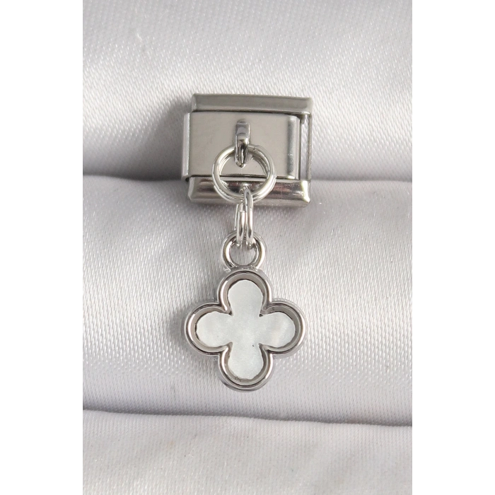 316L Çelik Gümüş Renk Beyaz Mineli Yonca Model Nomination Charm