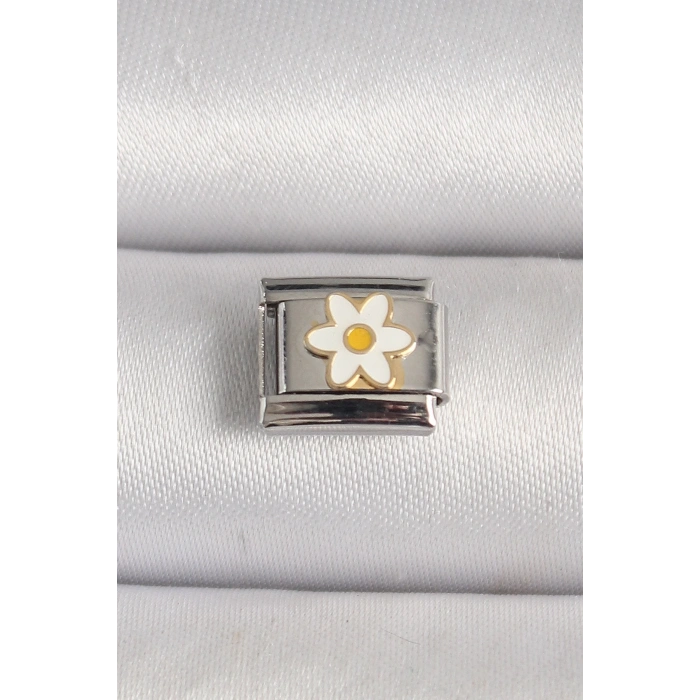 316L Çelik Gümüş Renk Beyaz Papatya İşlemeli Nomination Charm