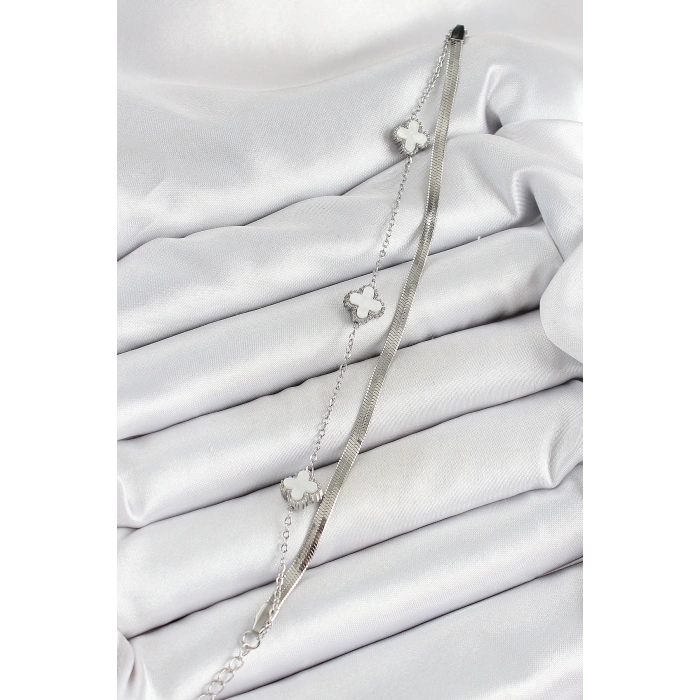 316L Çelik Gümüş Renk Beyaz Yoncalı 2li Kadın Bileklik