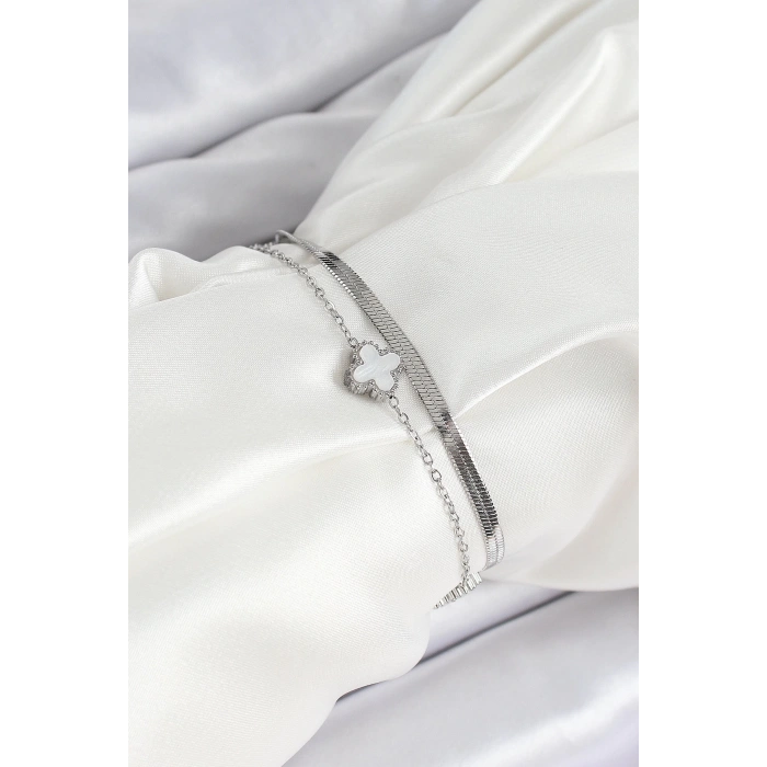 316L Çelik Gümüş Renk Beyaz Yoncalı 2li Kadın Bileklik