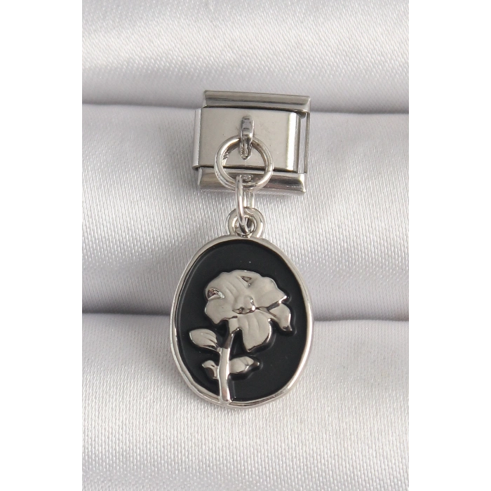 316L Çelik Gümüş Renk Gümüş Çiçek İşlemeli Siyah Portre Model Nomination Charm