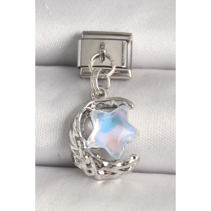 316L Çelik Gümüş Renk Hilal Mavi Mineli Yıldız Model Nomination Charm