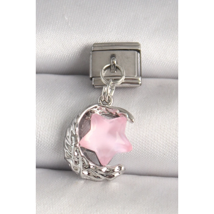 316L Çelik Gümüş Renk Hilal Pembe Mineli Yıldız Model Nomination Charm