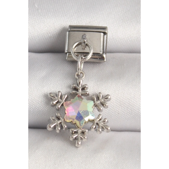 316L Çelik Gümüş Renk Hologram Mineli Kar Tanesi Model Nomination Charm