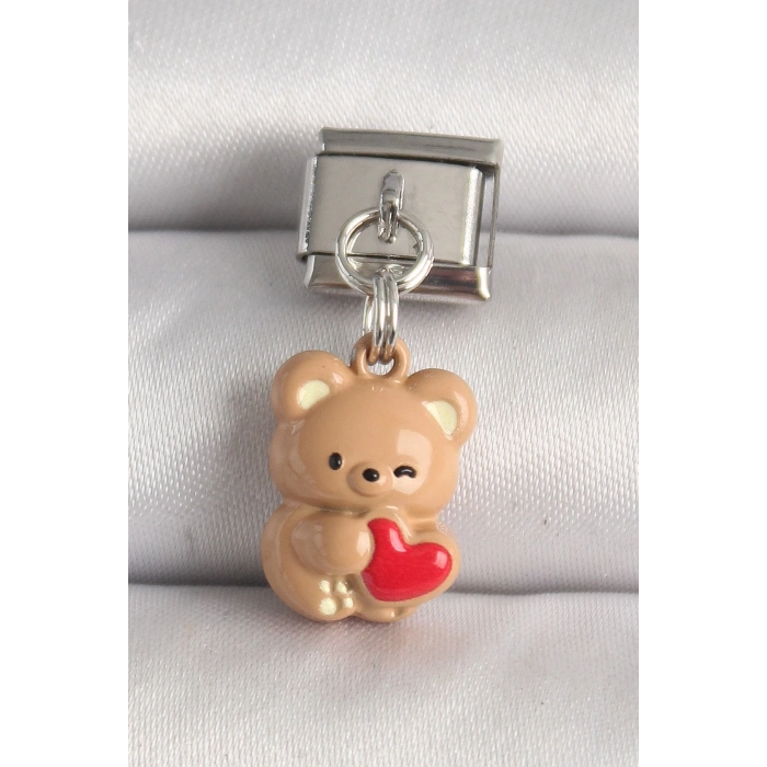 316L Çelik Gümüş Renk Kahverengi Ayıcık Model Kırmızı Kalp Detay Nomination Charm